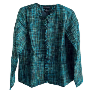 Dialogue Teal Tweed Jacket Size 10 Fringe Trim Pockets Lined Career NEW W TAGS